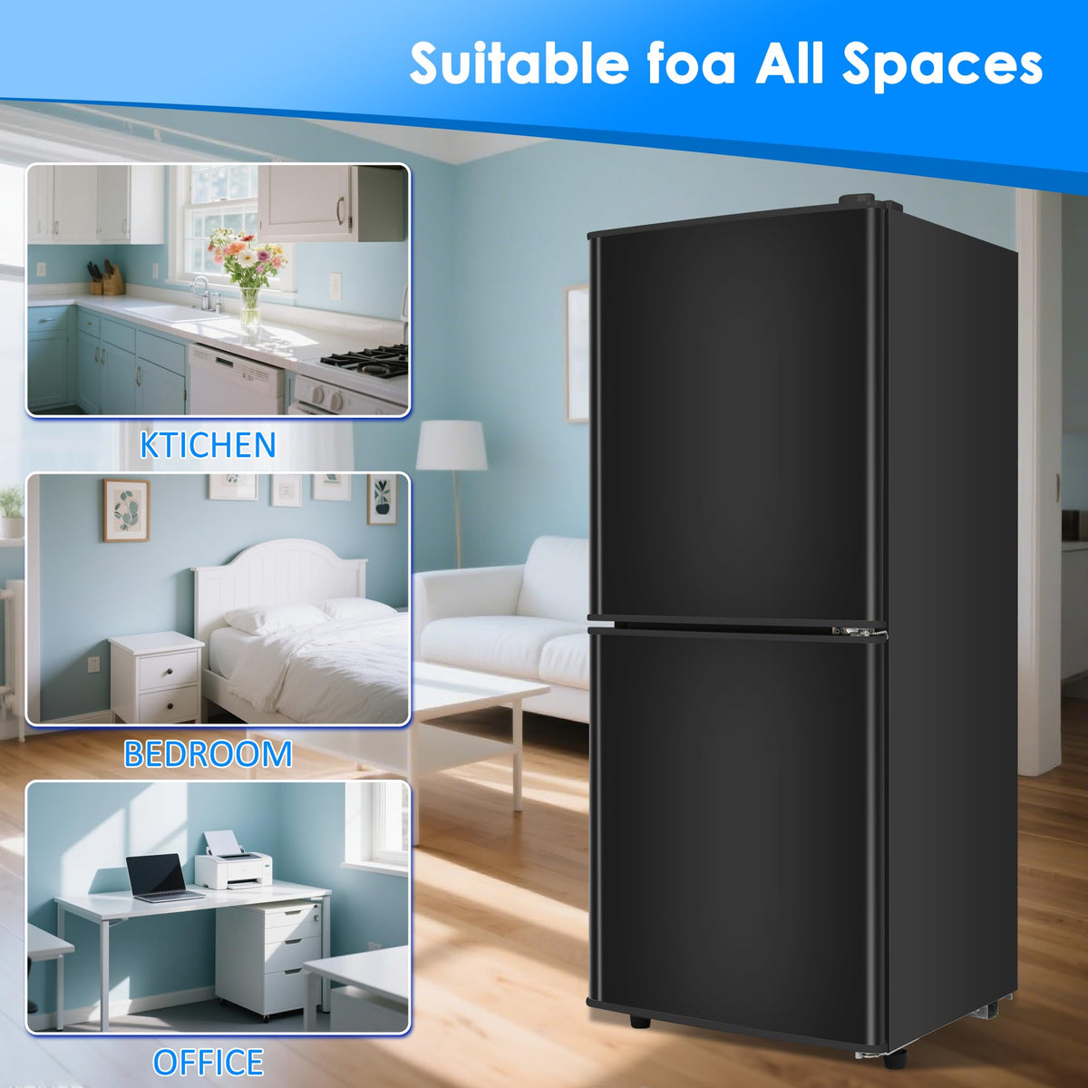 3.3 Cu. Ft. Mini Fridge with Freezer, Compact Refrigerator with Adjustable 7-Level Thermostat, Dorm Fridge for Kichen, RV, Office, Apartment, Black