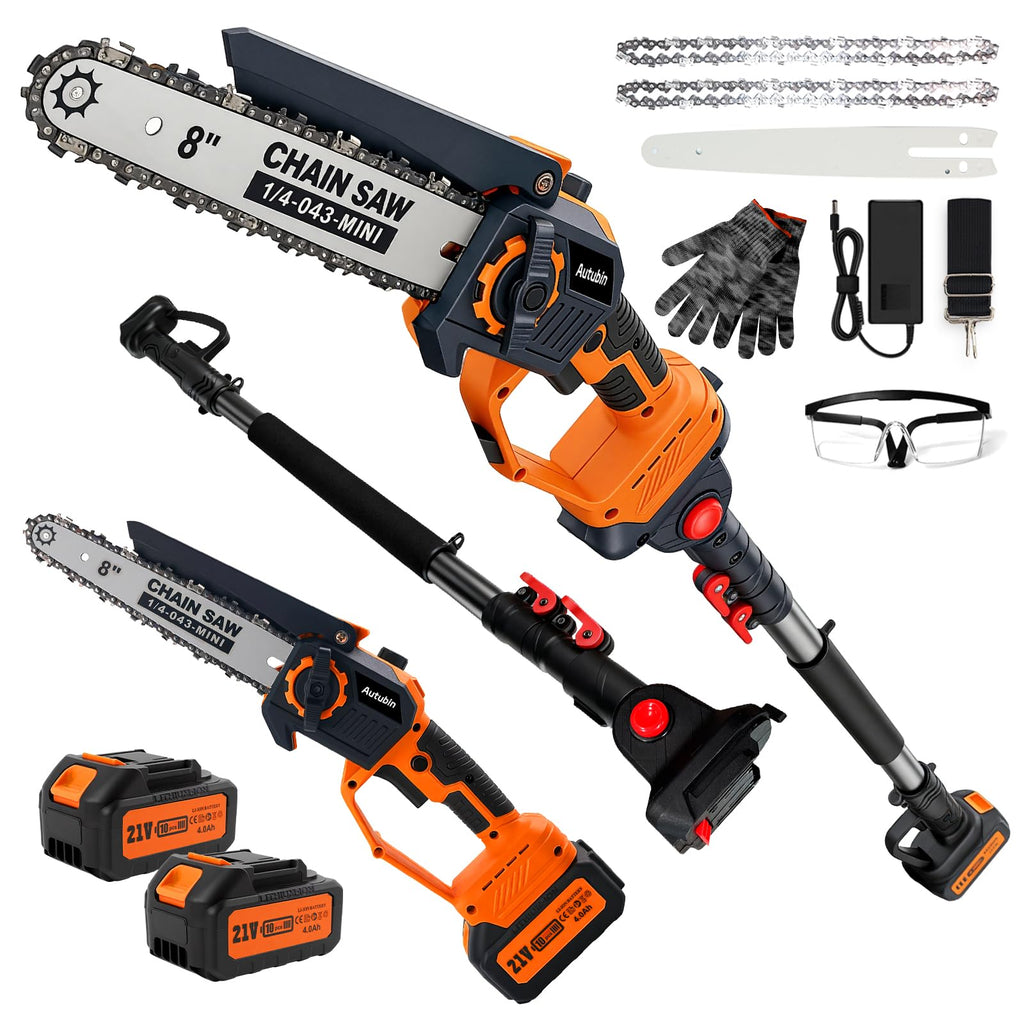 2-in-1 Cordless Pole Saw & 8'' Mini Chainsaw,Forest Ranger Approved Electric Handheld Chain Saw with 2 21V 4.0Ah Rechargeable Batterie&Charger, Auto