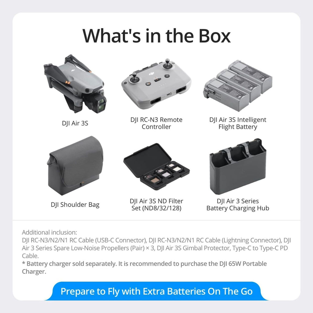 DJI Air 3S Fly More Combo (RC-N3), Drone with 1" CMOS Wide-Angle & Medium Tele Camera, 4K/60fps HDR Video, Nightscape Omnidirectional Obstacle