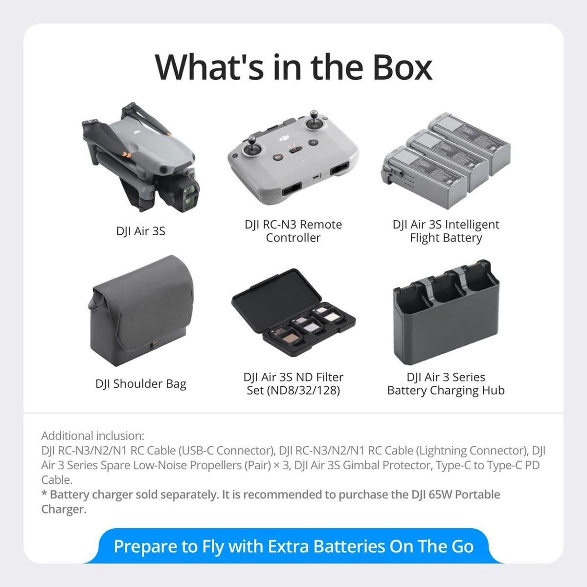 DJI Air 3S Fly More Combo (RC-N3), Drone with 1" CMOS Wide-Angle & Medium Tele Camera, 4K/60fps HDR Video, Nightscape Omnidirectional Obstacle
