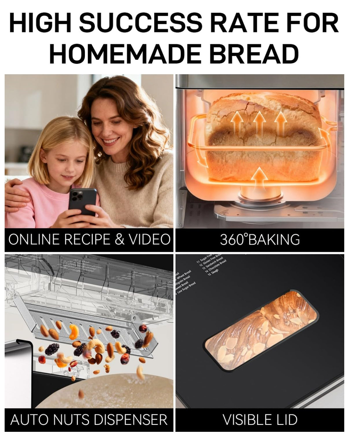 25-IN-1 Bread Maker with Recipes | 2lb Automatic Bread Machine with Visible Lid, Auto Nut Dispenser, One-Touch Control & 13-Hour Delay Timer C Easy