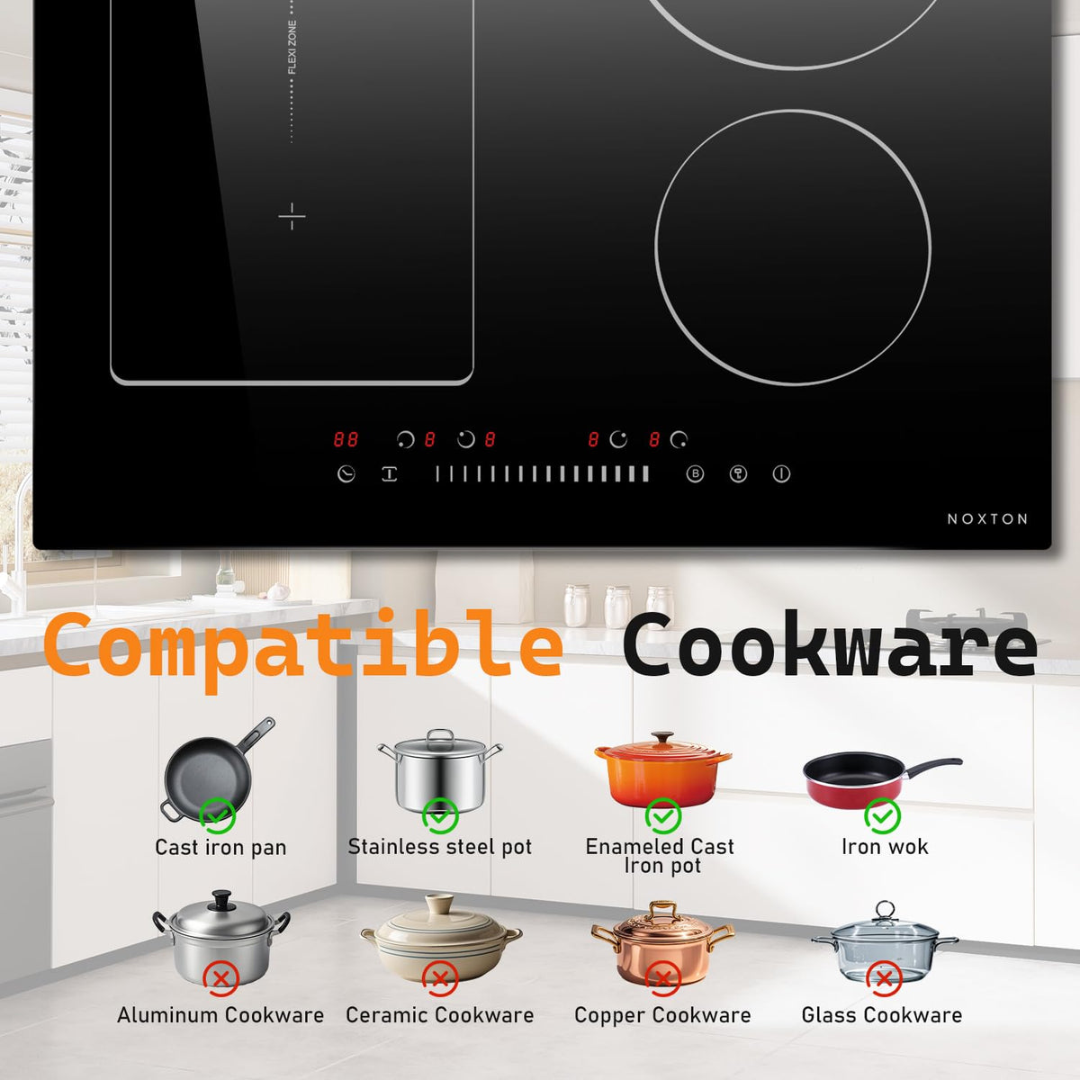 Noxton 24 Inch Induction Cooktop, 4 Burners Electric Cooktop, Upgraded Induction Stovetop with Flex Zone, Power Boost, Pause, 9 Power Levels, Child
