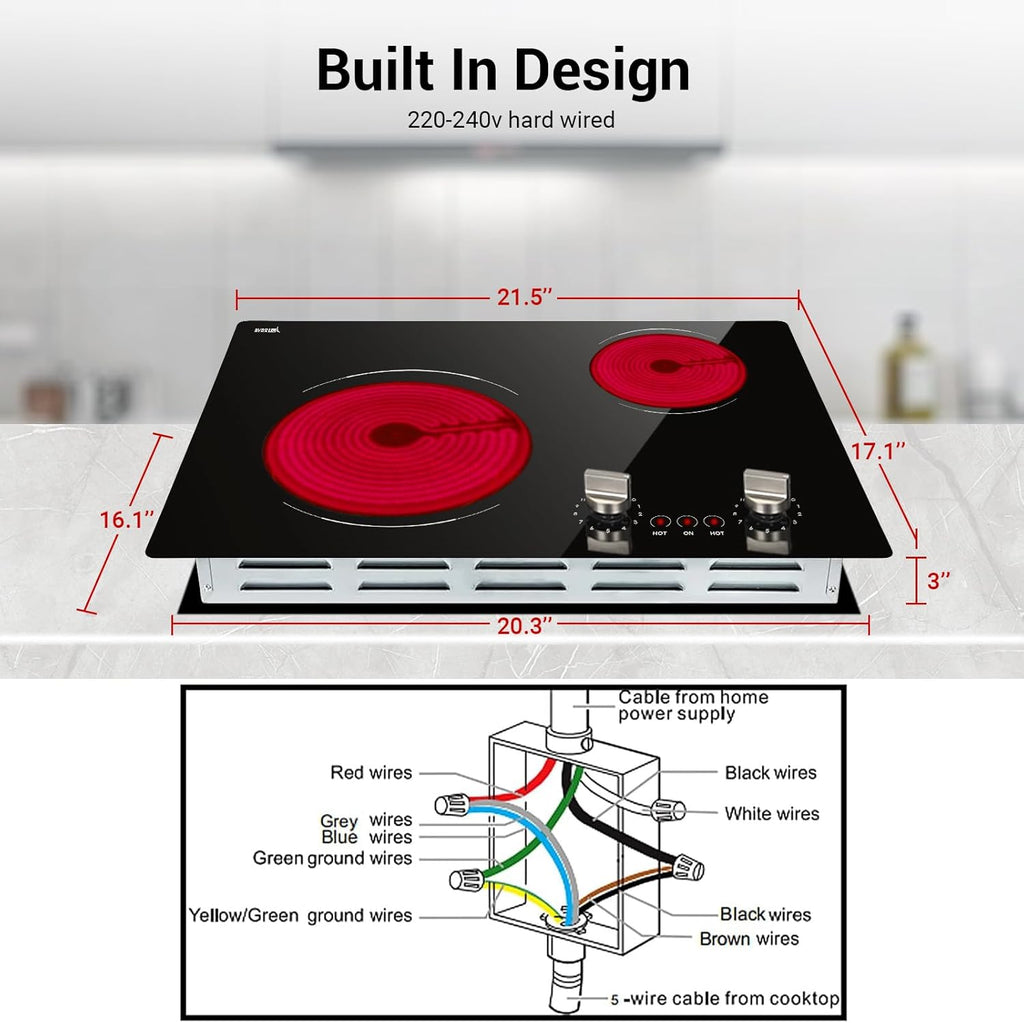 Electric Cooktop 2 Burner, 21 Inch Double Electric Stove Top Mechanical Knob Control Built-in 3700W Large Ceramic Stove Top, 9 Heating Level, 220