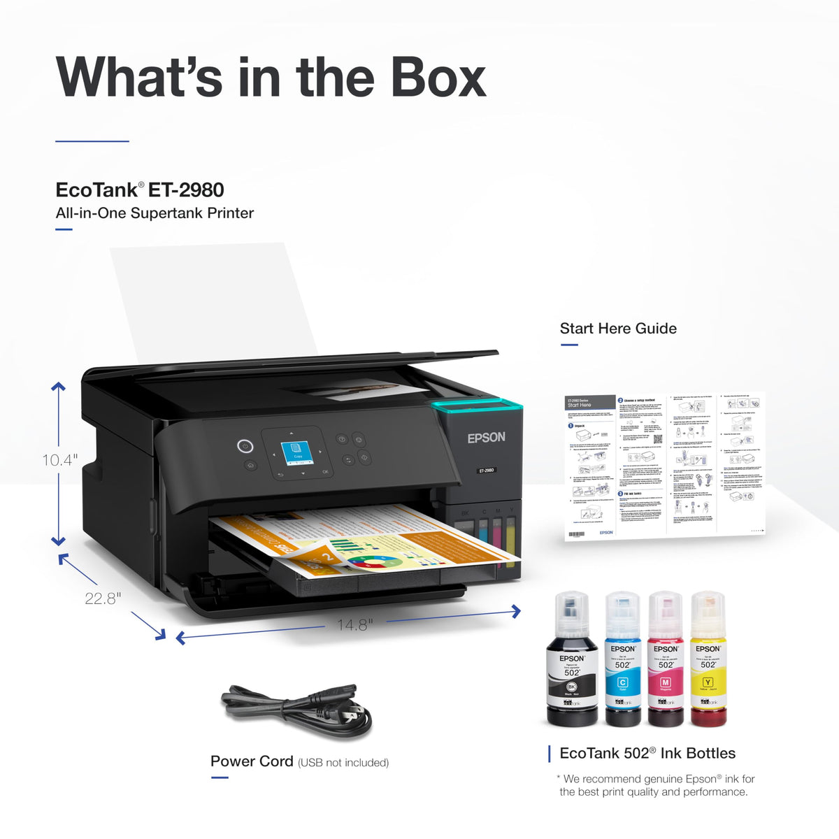 Epson EcoTank ET-2980 Wireless All-in-One Color Supertank Printer with up to 3 Years of Ink, Refillable Tanks, Perfect for Home, 15 PPM, 1.44" Color