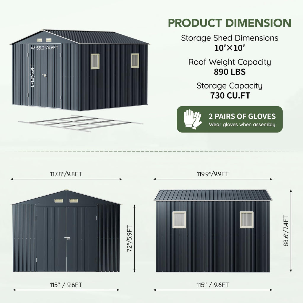 10x10 FT Outdoor Metal Storage Shed, Double Swing Doors, 2 Clear Windows,Tool Shed for Garden, Patio, Backyard Nightblue