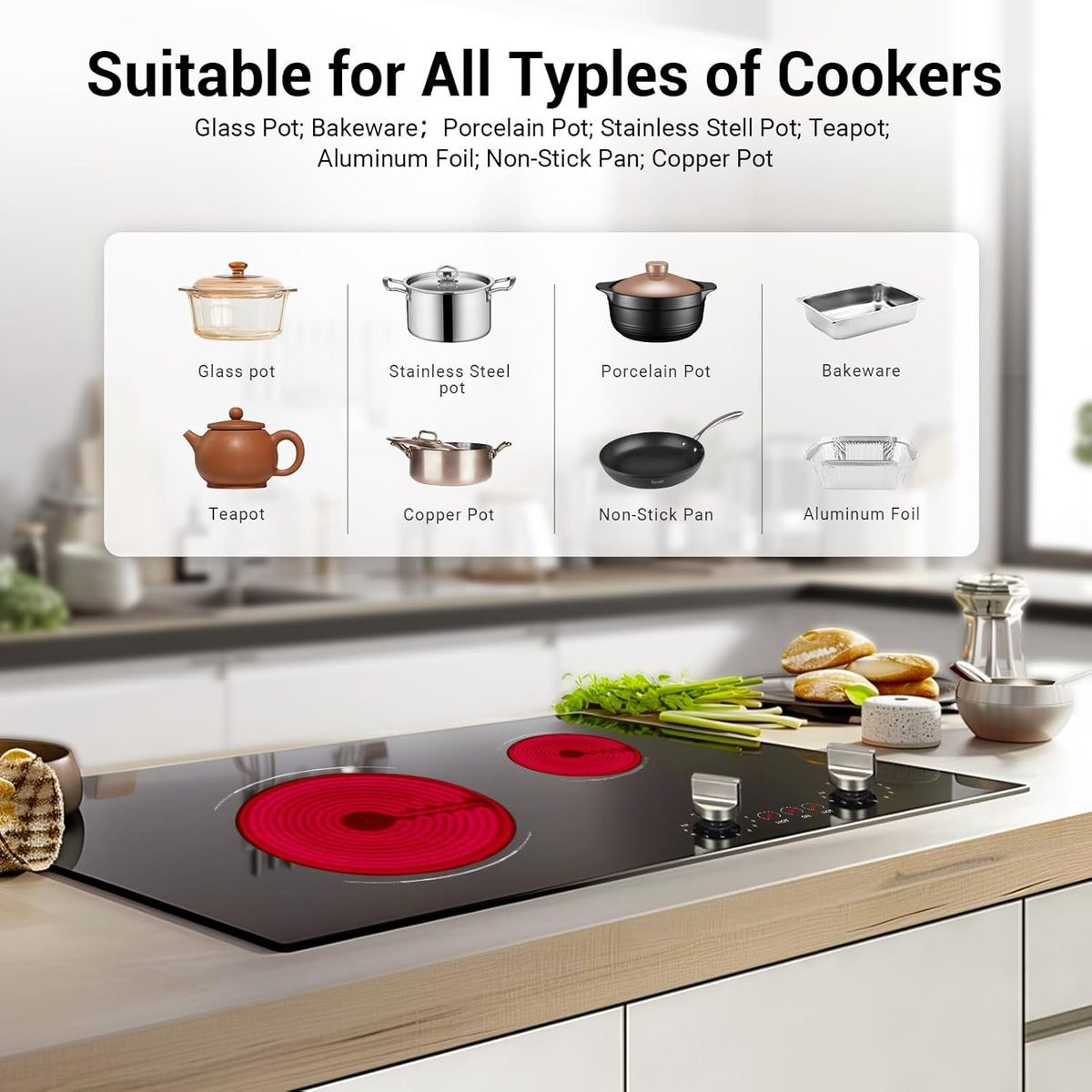 Electric Cooktop 2 Burner, 21 Inch Double Electric Stove Top Mechanical Knob Control Built-in 3700W Large Ceramic Stove Top, 9 Heating Level, 220