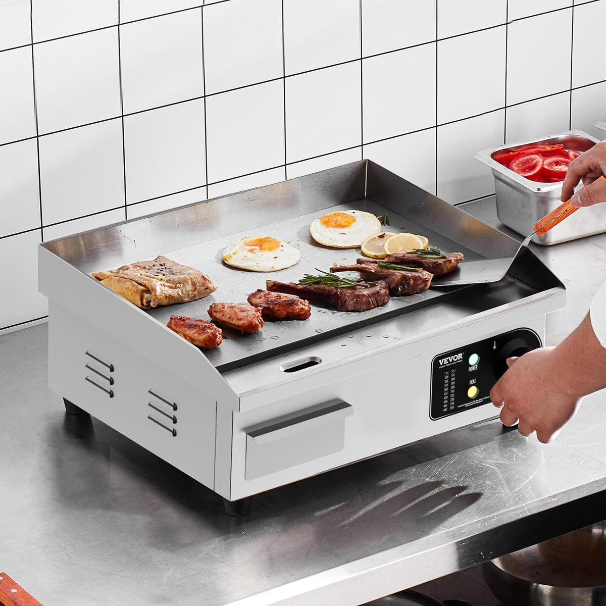 VEVOR Upgraded Commercial Electric Griddle, 2800W Stainless Steel Countertop Flat Top Grill, 26'' Griddle Grill with 2 Shovels and 2 Brushes, 122H