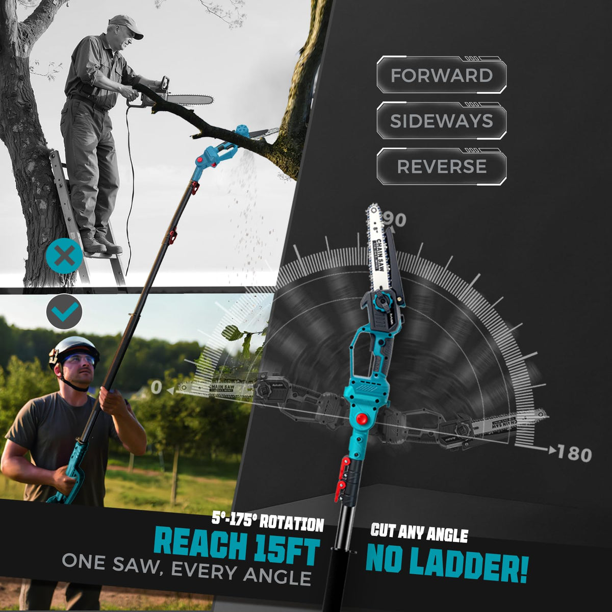 2-in-1 Cordless Pole Saw & 8'' Mini Chainsaw,Forest Ranger Approved Electric Handheld Chain Saw with 2 21V 4.0Ah Rechargeable Batterie&Charger, Auto
