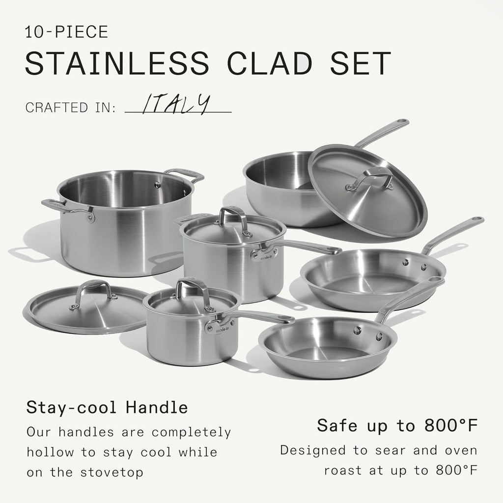 Made In Cookware - 10 Piece Stainless Steel Pot and Pan Set - 5 Ply Clad - Includes Stainless Steel Frying Pans, Saucepans, Saucier and Stock Pot W
