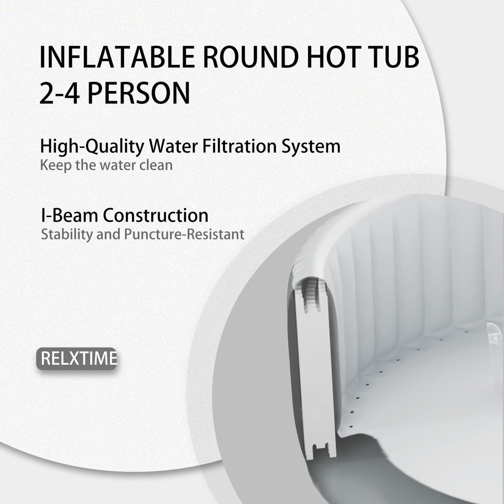 Inflatable Hot Tub Spa 2-4 Person 110 Air Jets, Portable Blow Up Hottub with Cover, Built in Heater Pump, Round Outdoor Spa, Cup Holder, 2 Filters