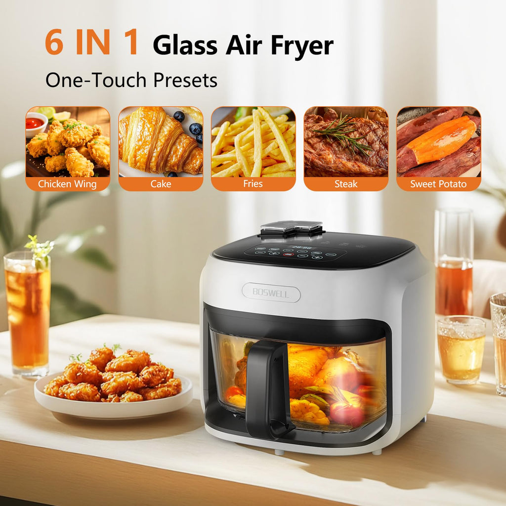 BOSWELL Glass Air Fryer, 7.5QT Borosilicate Bowl with Circulating Heat, Digital Touchscreen, 400F Max Temp, Oil-Free Fryer with Mist Function