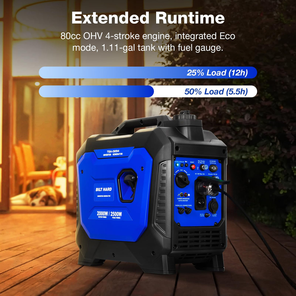 BILT HARD Gas Generator 2500W, 80cc 4 Stroke Quiet Inverter Generator with CO Sensor, Parallel Ready,120V AC Duplex Receptacle and 12V DC Output