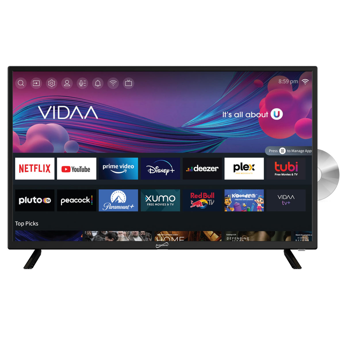 Supersonic SC-1926DVD 19-inch LED Smart HDTV w/DVD Player, 3X HDMI, 1080p, WiFi, USB, AC/DC Compatible for Home, Kitchen, or RV Camper, DC Car Cord