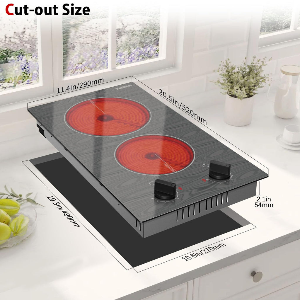 Karinear Electric Cooktop 24 Inch, 4 Burners Electric Stove Knob Control, Built-in Ceramic Cooktop with Beautiful Woodgrain Pattern Glass Surface