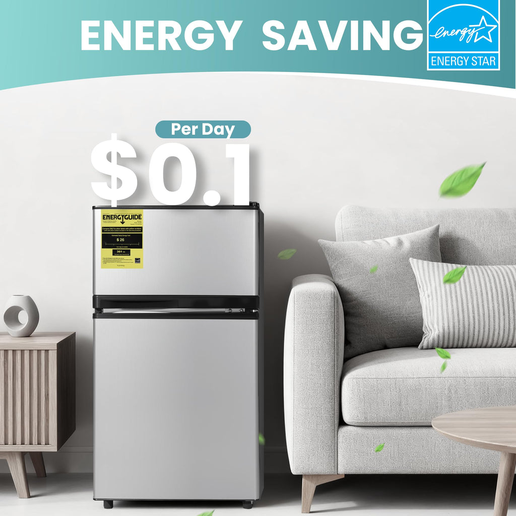 Double Door Refrigerator with Freezer, 3.5 Cu.Ft, Small Fridge with Freezer, 7 Settings Temperature Adjustable, Mini Refrigerator for Office Dorm