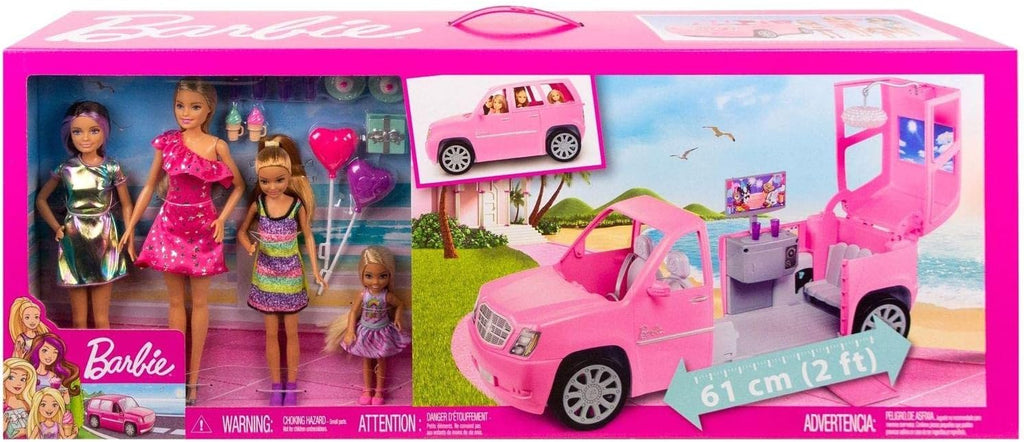 Barbie Playset with 4 Sister Dolls and Limo that Opens and Expands to 2 Feet, Includes 10+ Party Accessories, Gift for Kids 3 to 7 Years Old
