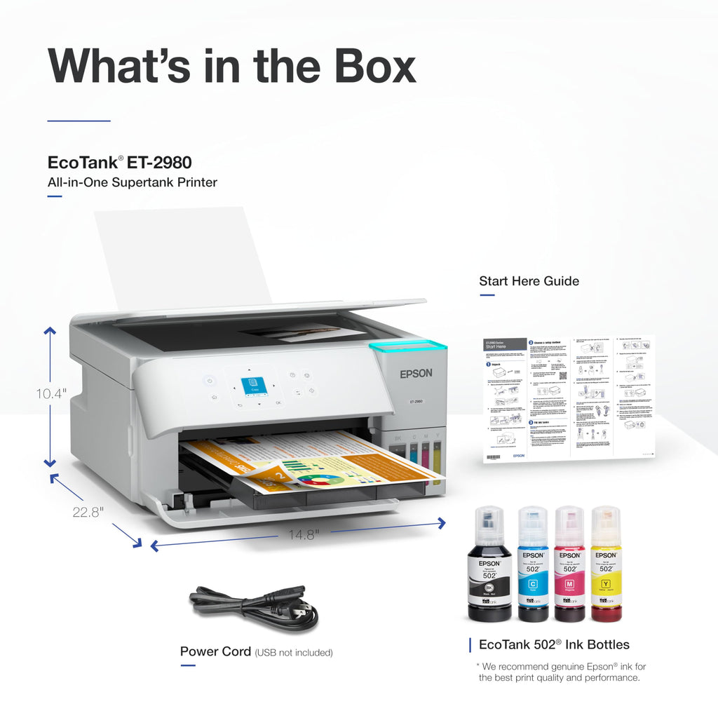 Epson EcoTank ET-2980 Wireless All-in-One Color Supertank Printer with up to 3 Years of Ink, Refillable Tanks, Perfect for Home, 15 PPM, 1.44" Color