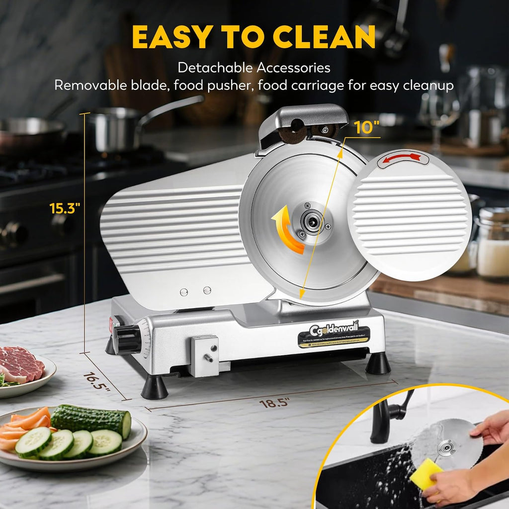 CGOLDENWALL Meat Slicer Machine, 10" 240W Electric Deli Meat Cheese Food Slicer, 0-1/2" Adjustable Thickness Semi-Auto Frozen Meat Slicer for Home &