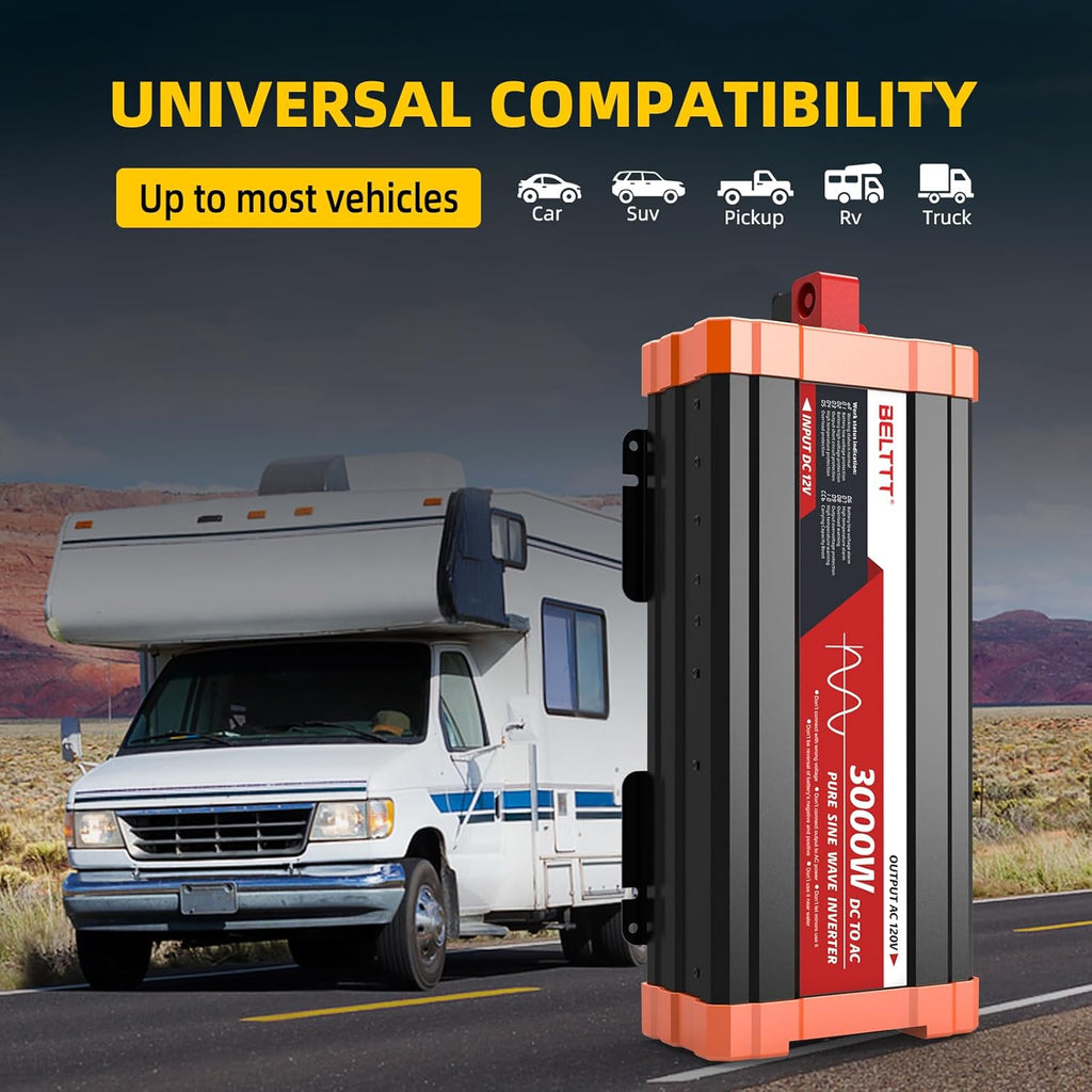 BELTTT 3000W Pure Sine Wave Inverter 12V DC to 120V AC for RV, Truck, Off-Grid, Home, Solar Car Power Inverter with Dual AC, 20A Socket, 5V 2.1A USB