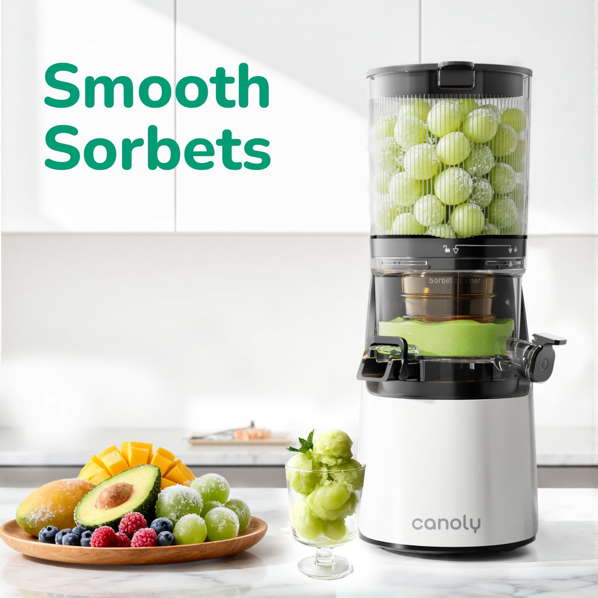Canoly C16 Cold Press Juicer, with a 6" Wide Chute & Self-Precut, 3-in-1 Strainers (Juice & Sorbet & Nut Milk), BPA-Free Construction, Powered by a