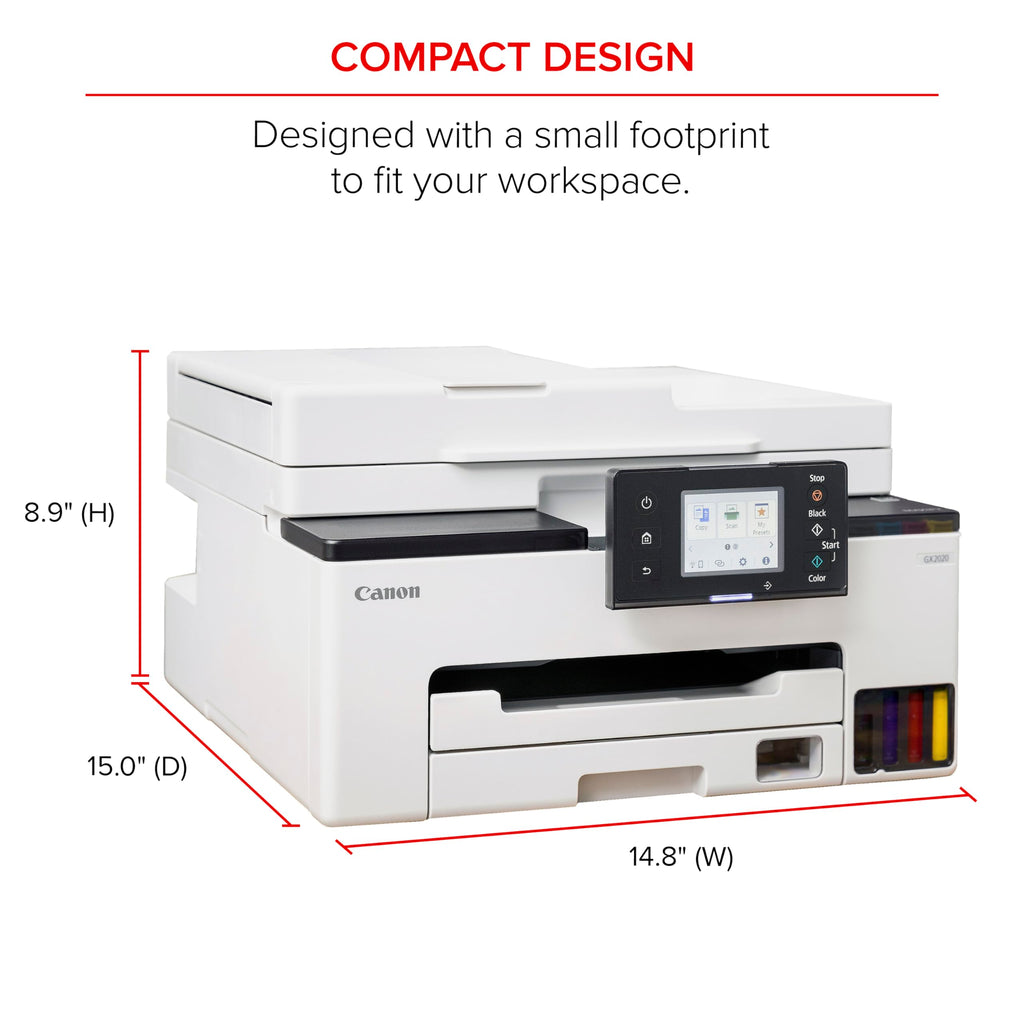 Canon MegaTank MAXIFY GX2020 All-in-One Wireless Color Printer C Print, Copy, Scan with Duplex Printing C Refillable Tank System, Compact Desktop