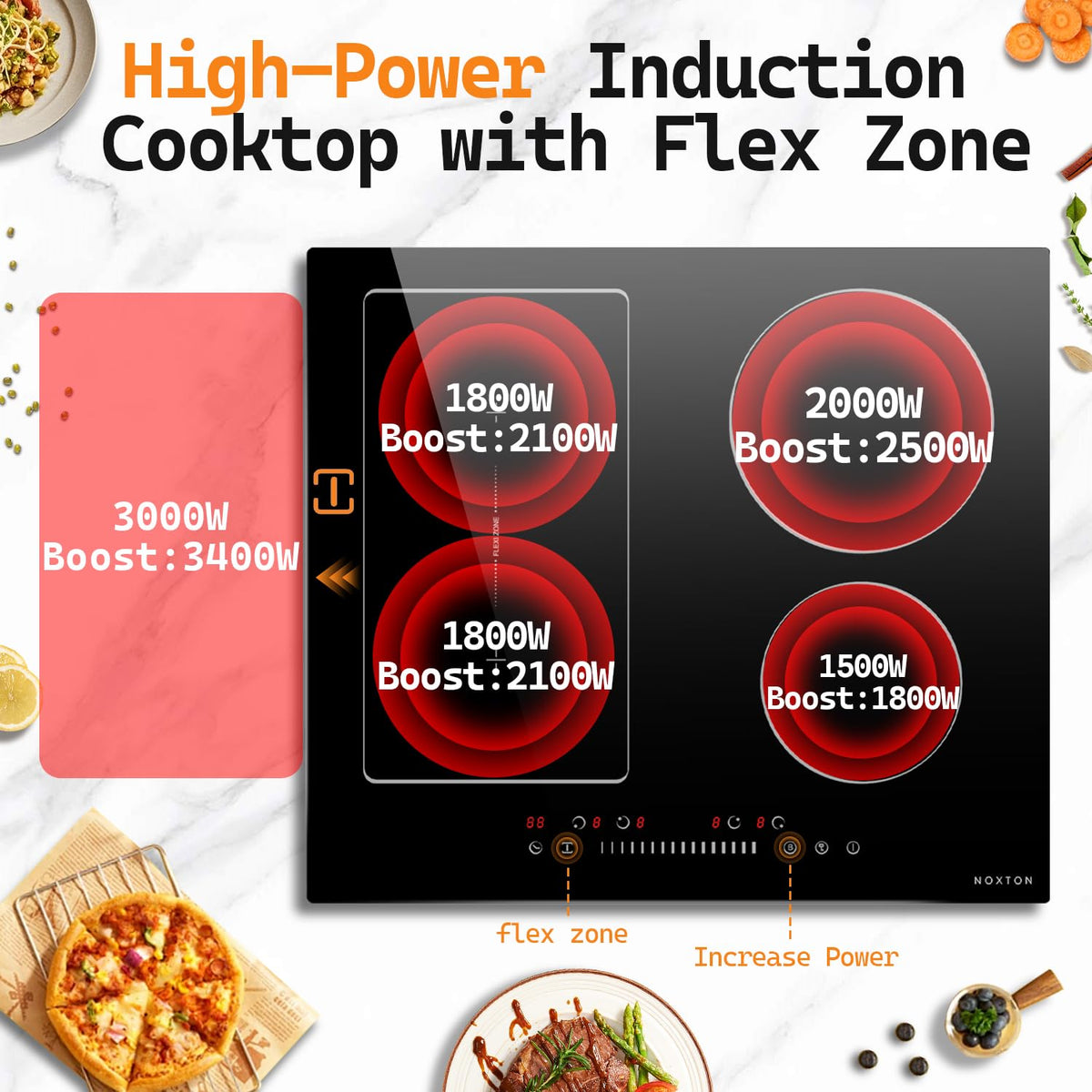 Noxton 24 Inch Induction Cooktop, 4 Burners Electric Cooktop, Upgraded Induction Stovetop with Flex Zone, Power Boost, Pause, 9 Power Levels, Child