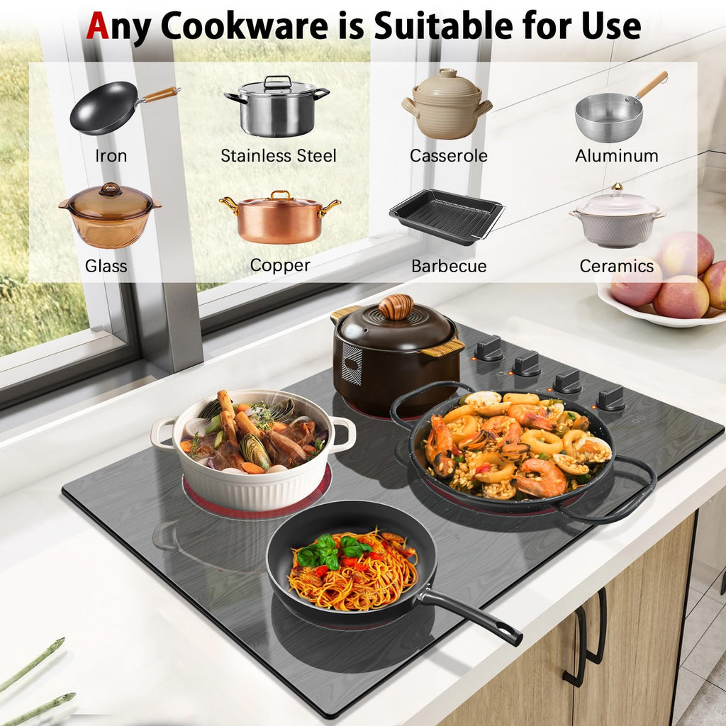 Karinear Electric Cooktop 24 Inch, 4 Burners Electric Stove Knob Control, Built-in Ceramic Cooktop with Beautiful Woodgrain Pattern Glass Surface
