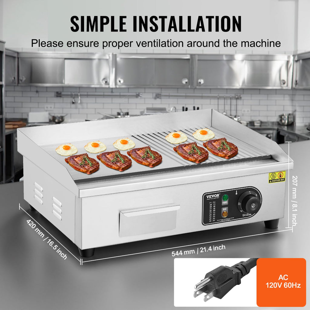 VEVOR Upgraded Commercial Electric Griddle, 2800W Stainless Steel Countertop Flat Top Grill, 26'' Griddle Grill with 2 Shovels and 2 Brushes, 122H
