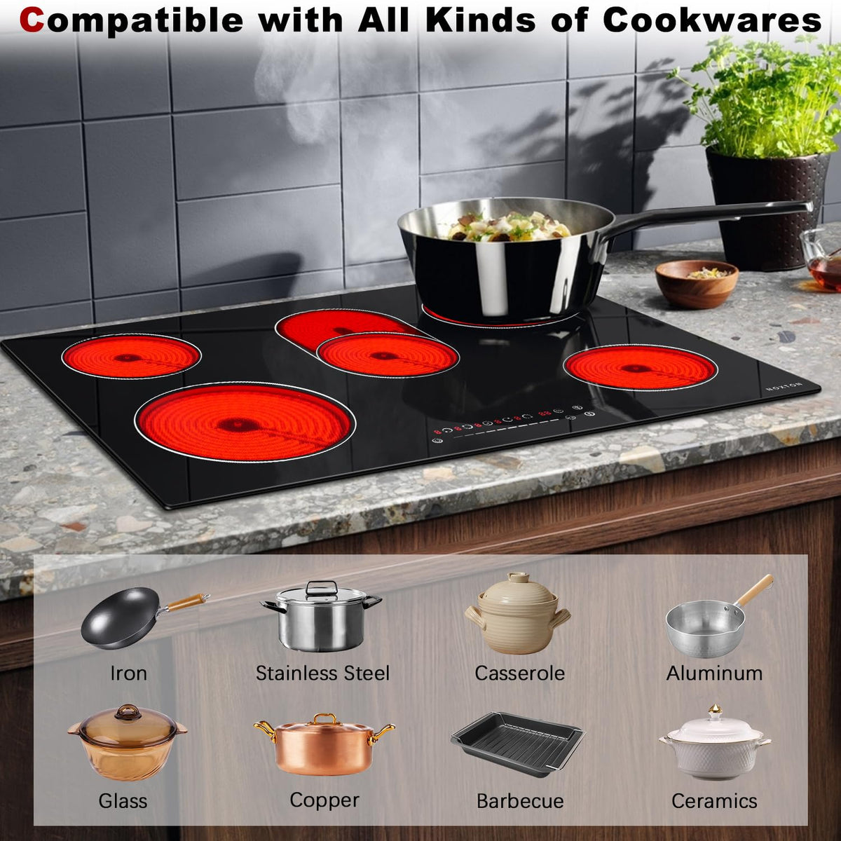 Noxton 30 Inch Electric Cooktop, 8400W 5 Burners Built-in Radiant Electric Stove Top, Slider Control, 9 Power Levels, Child Safety Lock, Timer, 220