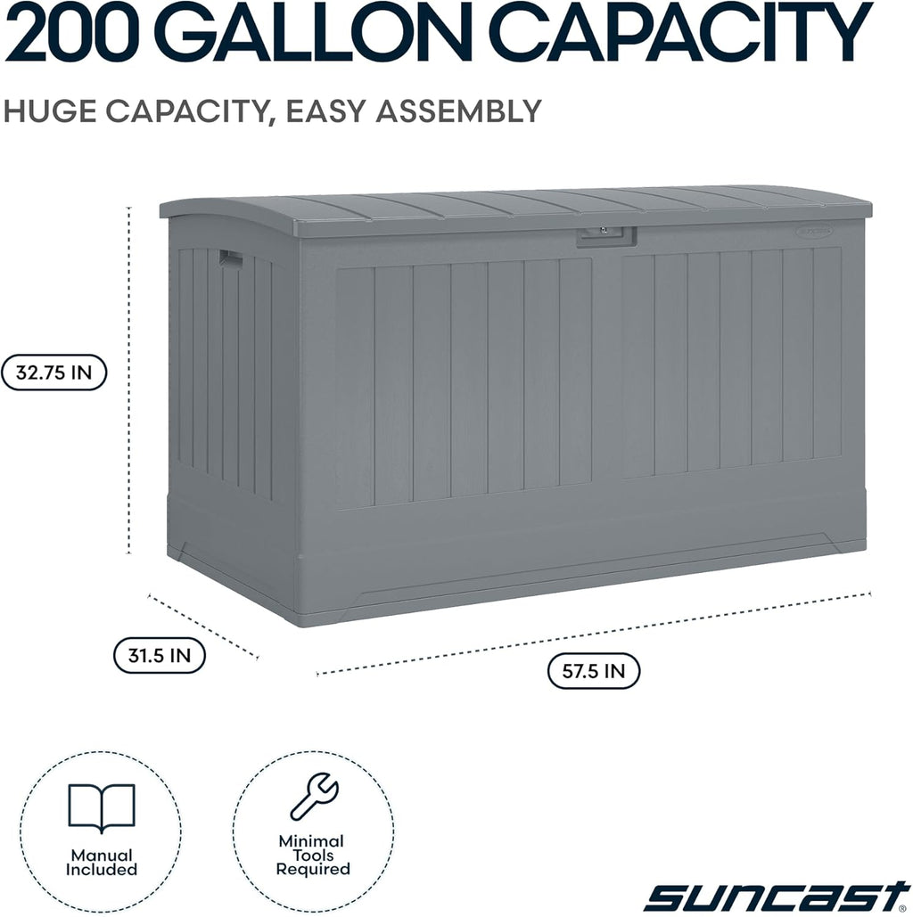 Suncast 200-gal. All-Weather Patio Deck Box, Made in the USA, with Pad-Lockable Lid, Extra-Large Outdoor Storage Unit for Patio Furniture and Grill