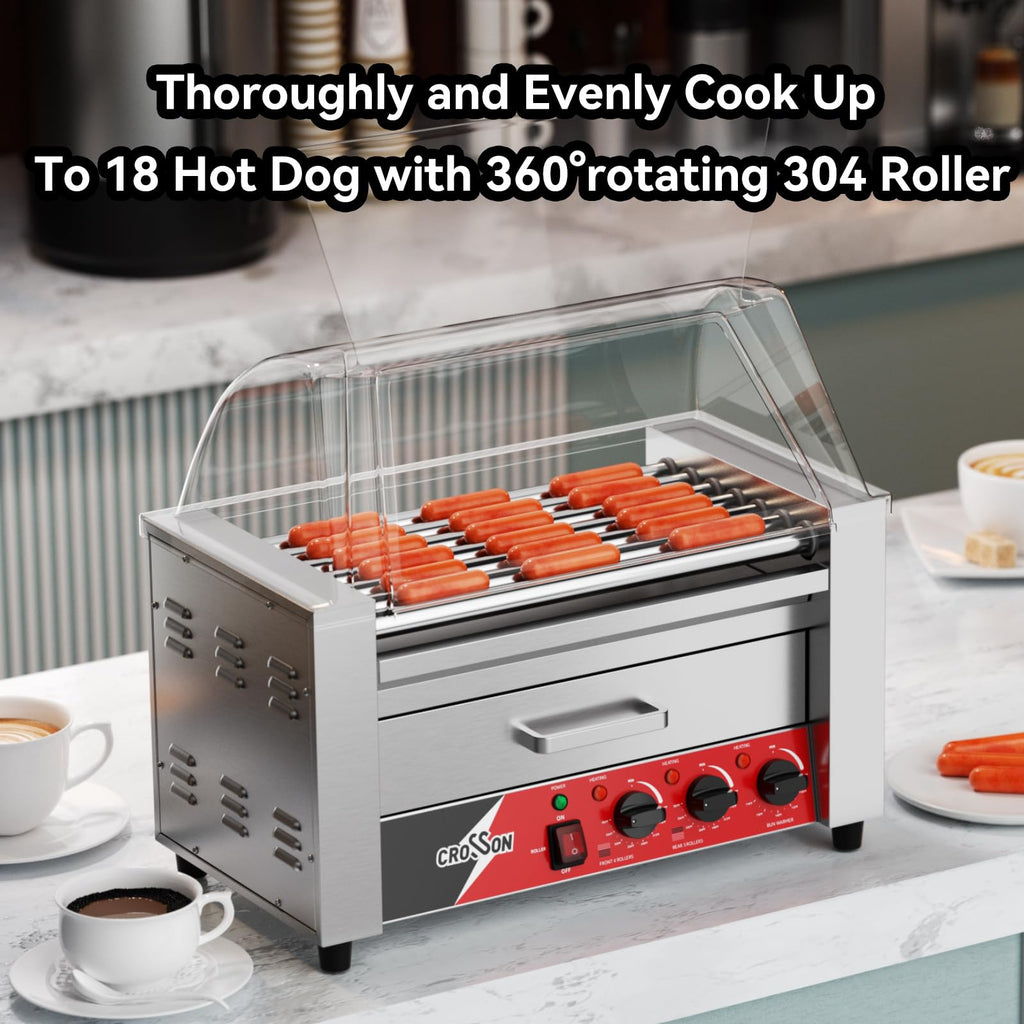 CROSSON 12 Hot Dog 5 Roller Grill Machine with Transparent Sneeze Guard,5 Nonstick 304SS Rollers Commercial Hot Dog Cooker Machine-120V, 750W
