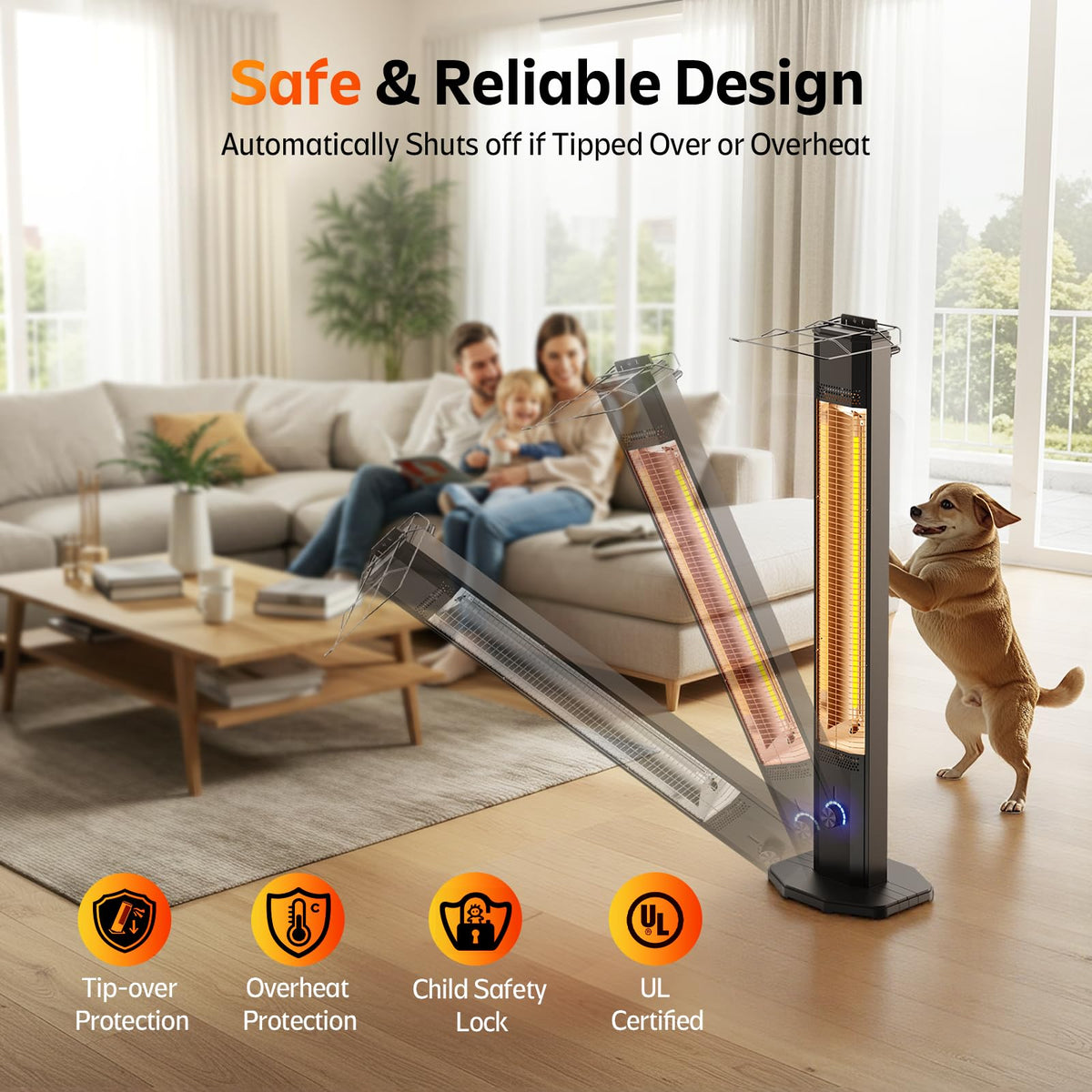 Outdoor Electric Patio Heater, 42-inch 1500W Infrared Tower Heater with 9 Heat Settings & 9H Timer, IPX5 Waterproof, Safety Lock, Tip-Over & Overheat