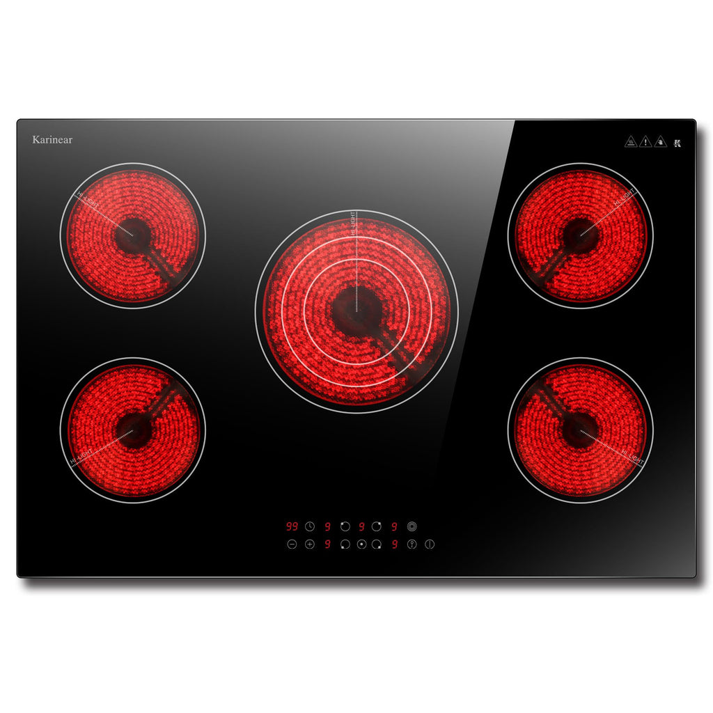 Karinear Electric Cooktop 30 Inch, 5 Burners Electric Stove 30 Inch Electri Ceramic Cooktop, 9 Power Level, Pause, Timer, Child Safety Lock, Triple