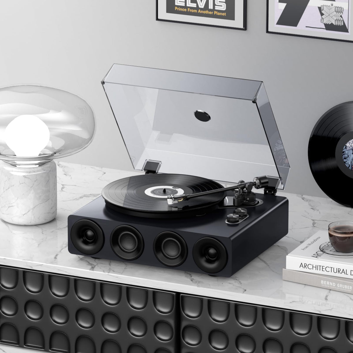 1 by ONE High Fidelity Belt Drive Turntable with Built-in Speakers, Vinyl Record Player with Magnetic Cartridge, Bluetooth Playback and Aux-in