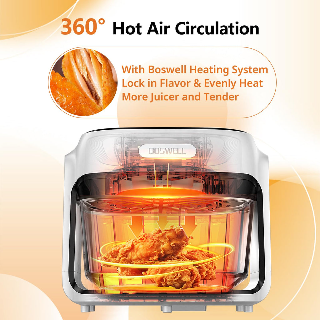 BOSWELL Glass Air Fryer, 7.5QT Borosilicate Bowl with Circulating Heat, Digital Touchscreen, 400F Max Temp, Oil-Free Fryer with Mist Function