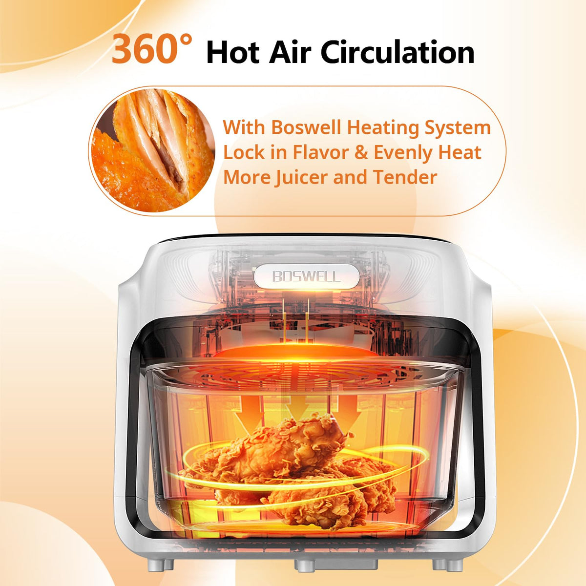 BOSWELL Glass Air Fryer, 7.5QT Borosilicate Bowl with Circulating Heat, Digital Touchscreen, 400F Max Temp, Oil-Free Fryer with Mist Function