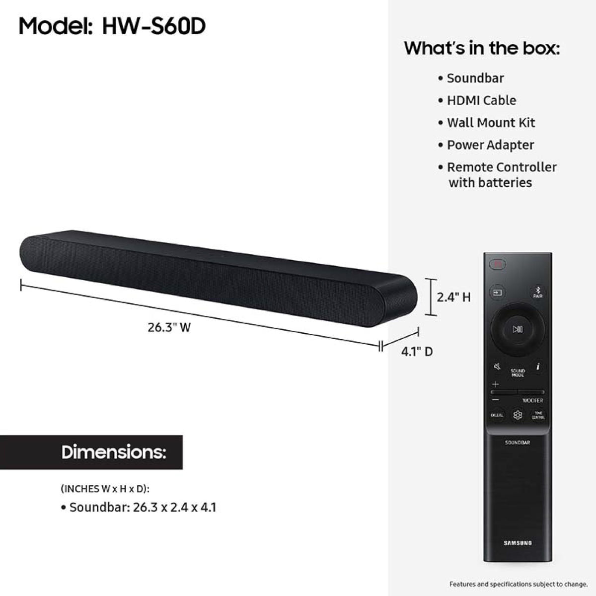 SAMSUNG S60D 5.0ch Soundbar w/Wireless Dolby Atmos Audio, All-in-One Design, Q-Symphony, SpaceFit Sound Pro, Adaptive Sound, Game Mode Pro with Alexa