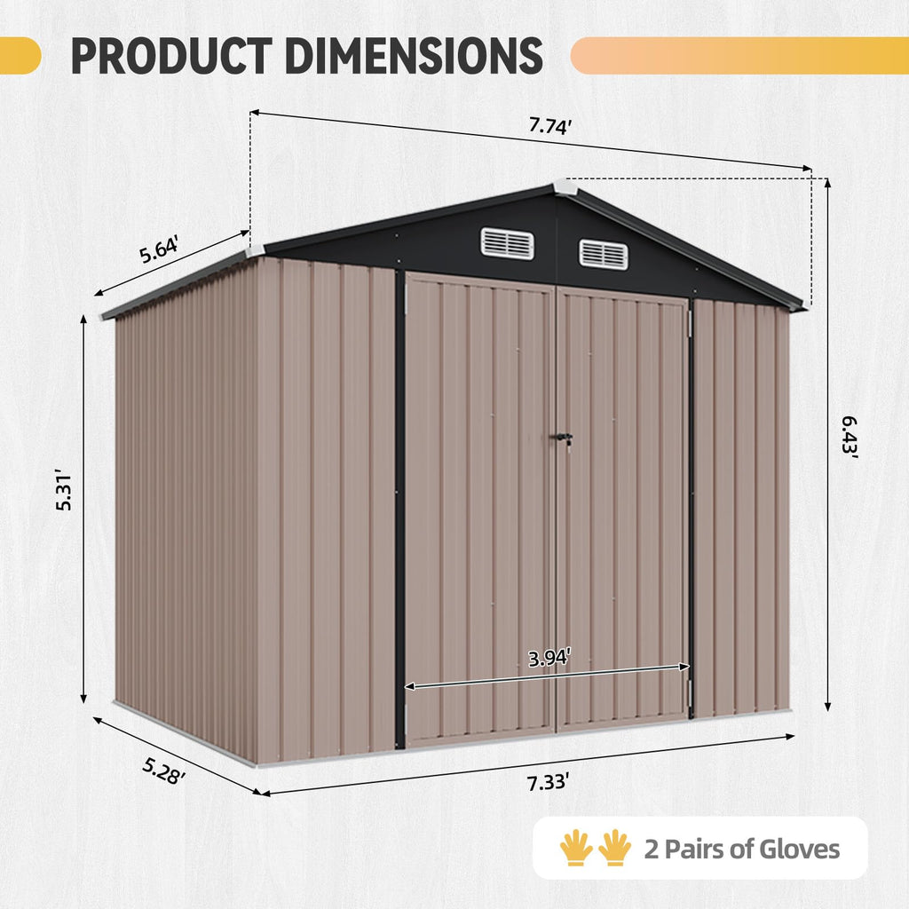 Aoxun 7.4x5.3FT Shed with Floor Galvanized Steel Outdoor Storage Shed Metal Garden Shed with Double Doors, 15mm Moisture-Proof Floor & Ventilation