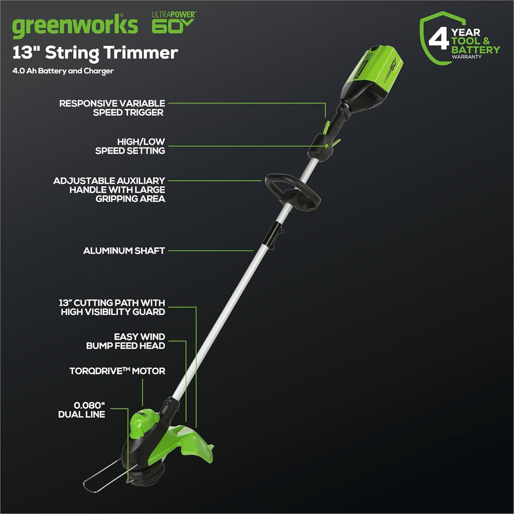 Greenworks 60V 13" Cordless String Trimmer & Leaf Blower Combo Kit, 4.0 Ah Battery and Charger Included
