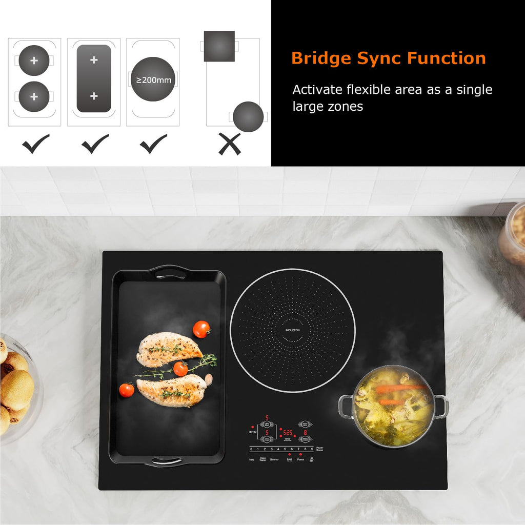 30 Inch Induction Cooktop 4 Burners, Flat Glass Top Electric Stove Hob with Bridge-SYNC, 3 Preset Modes Booster, Timer, Pause, Child Lock, Drop in