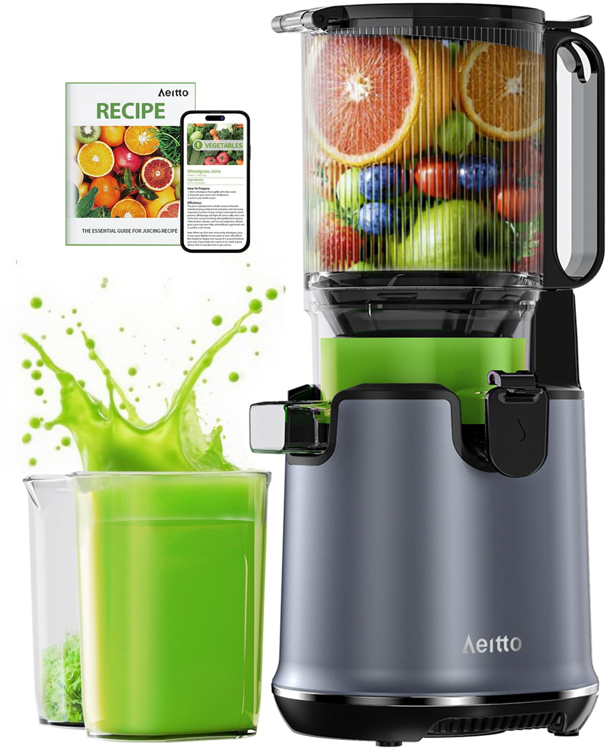Juicer Machines, Aeitto Cold Press Juicer with Soft & Hard Modes, Quiet Motor, Reverse Function, Juice Extractor Vegetable and Fruit, Masticating