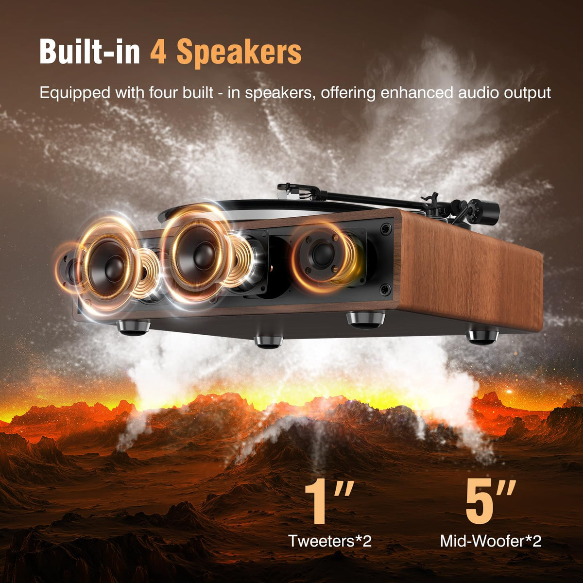 1 by ONE High Fidelity Belt Drive Turntable with Built-in Speakers, Vinyl Record Player with Magnetic Cartridge, Bluetooth Playback and Aux-in