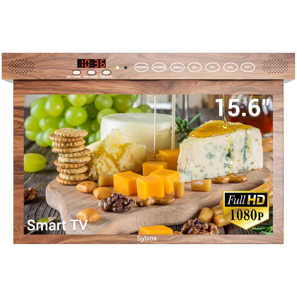 SYLVOX 15.6" Kitchen TV, 1080P FHD Under Cabinet TV with App Store, Voice Assistant, Chromecast, 12-Volt for Small Spaces, Kitchen, Bedroom, RV