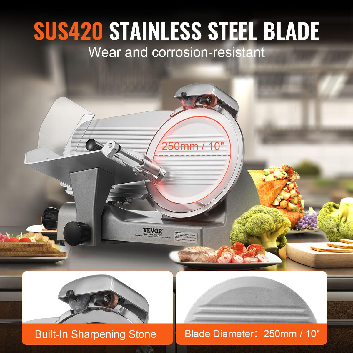 VEVOR Commercial Meat Slicer, 10 inch Electric Food Slicer, 240W Frozen Meat Deli Slicer, Premium Chromium-plated Steel Blade Semi-Auto Meat Slicer