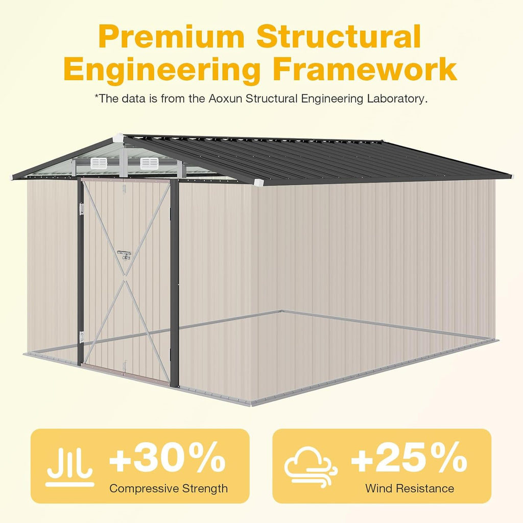 10x12 FT Outdoor Storage Shed with Floor Foundation & Lockable Double Doors, Heavy-Duty Galvanized Steel Outdoor Metal Shed for Bike, Tool Storage in