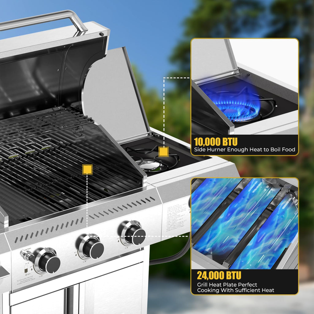 R.W.FLAME 3-Burner Propane Gas Grill With Sider Burner, Stainless Steel Propane Grill 34,000BTU, Multifunction & Protable Outdoor Barbecue Grill with