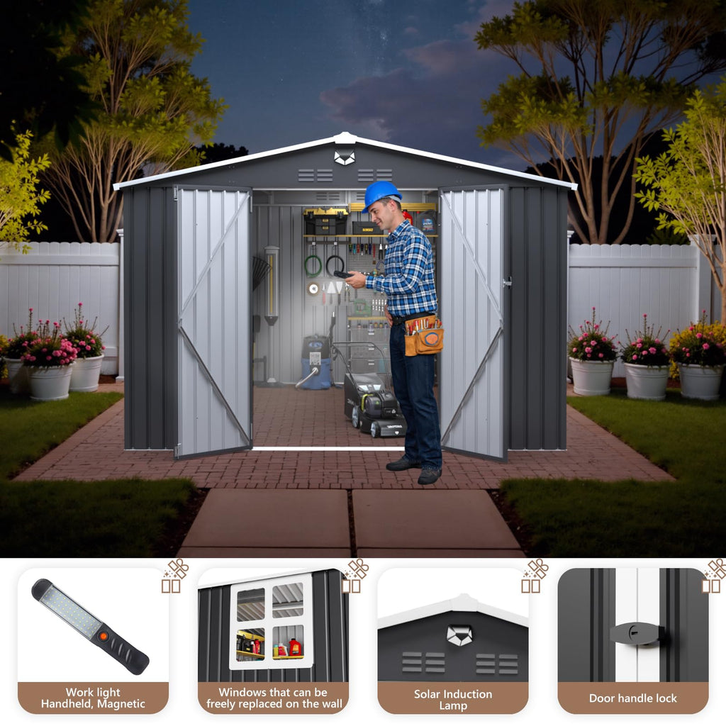 10x12 FT Outdoor Storage Shed, Metal Garden Shed - Tool Storage Sheds with Lockable Doors & 1 Clear Window, Waterproof Outside Storage Building for