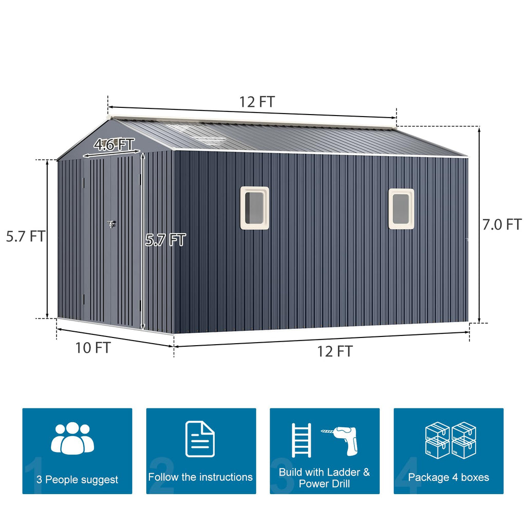 10x12 FT Metal Outdoor Storaged Shed with Floor Base Waterproof Heavy Duty Reinforced Frame with Unique Clear Roof Skyview Windows Air Vent for