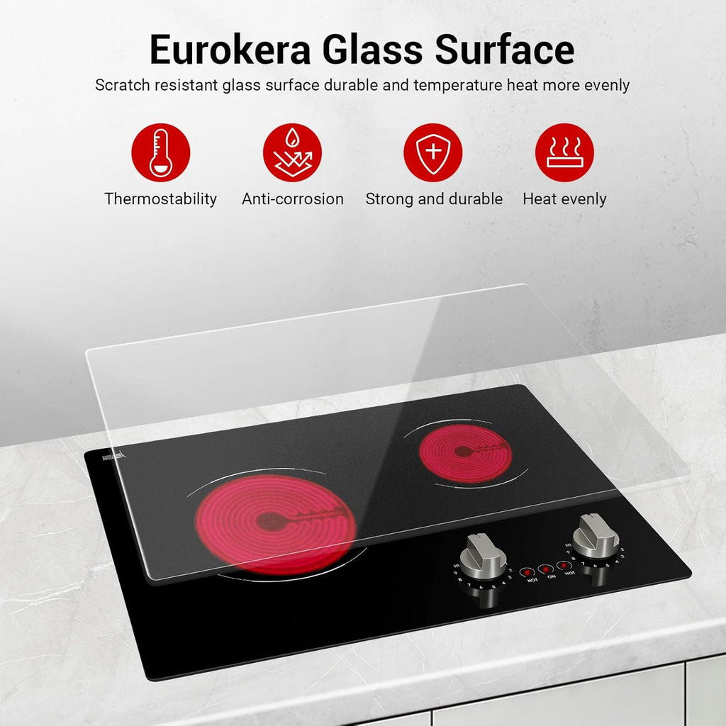 Electric Cooktop 2 Burner, 21 Inch Double Electric Stove Top Mechanical Knob Control Built-in 3700W Large Ceramic Stove Top, 9 Heating Level, 220