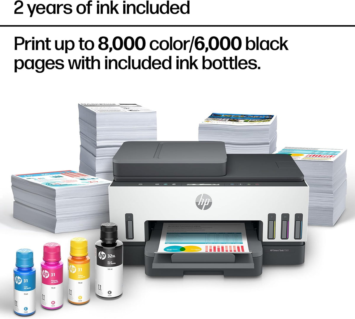 HP Smart Tank 7301 Wireless All-in-One Ink Tank Printer, Scanner, Copier with 2 Years of Ink Included, Best-for-Home Office, Cartridge-Free
